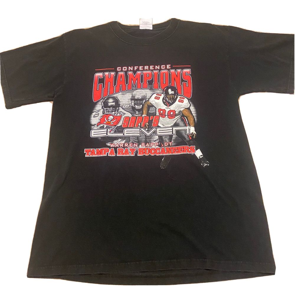 Tampa Bay Bucs VTG 2002 Warren Sapp Black Graphic T-Shirt Medium M Short Sleeve